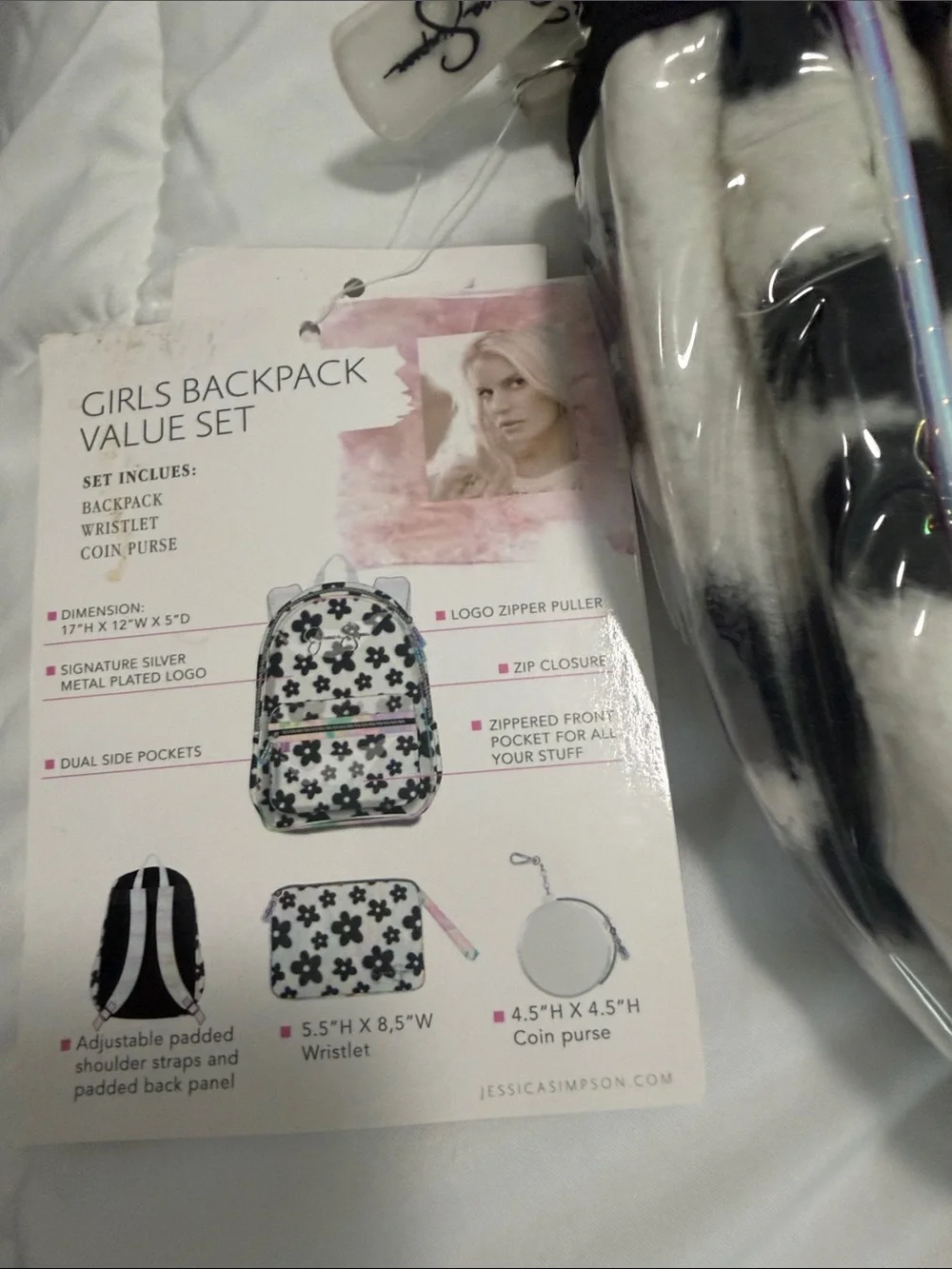 Jessica Simpson Cream and Black Floral Faux-Fur Backpack Value Set